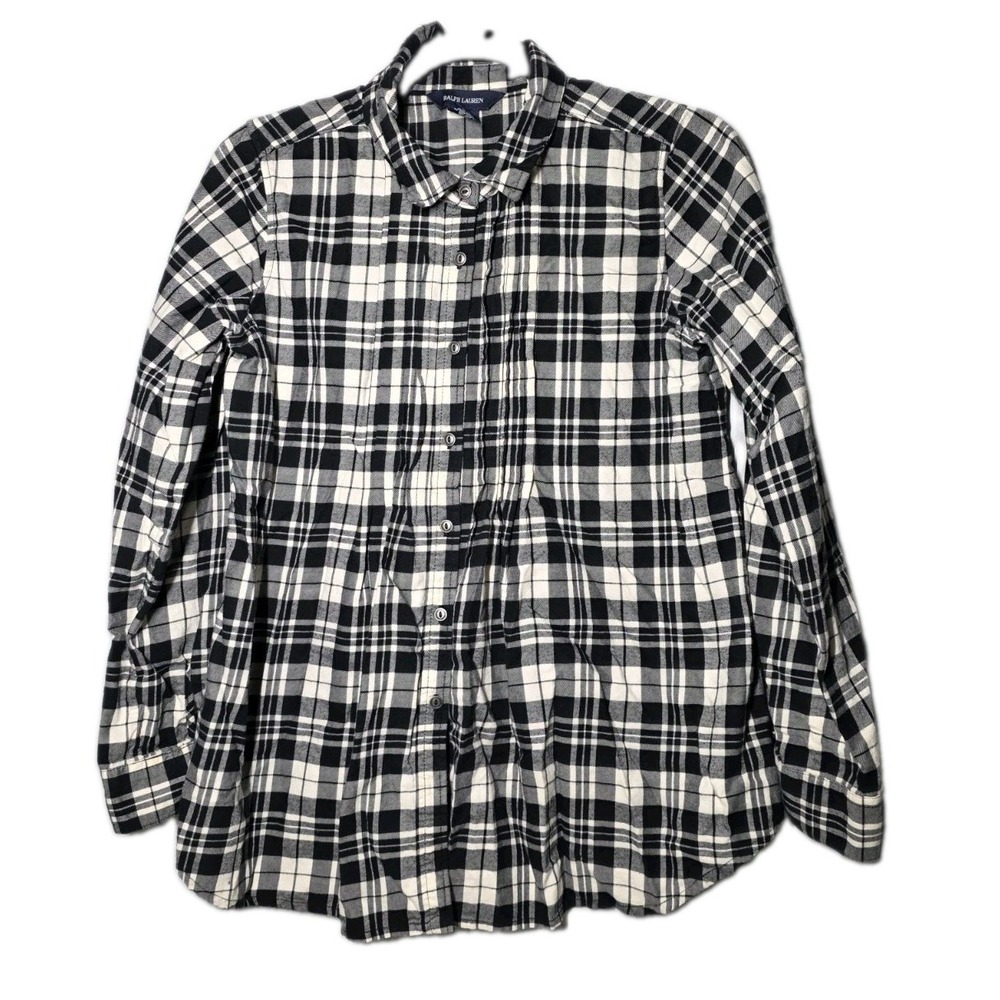Lauren Ralph Lauren Black &White Plaid Flannel Shirt Long Sleeve Sz 16 Girls